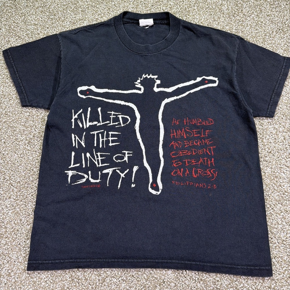 Vintage Killed In The Line Of Duty Jesus Tee 90s Size Small Back